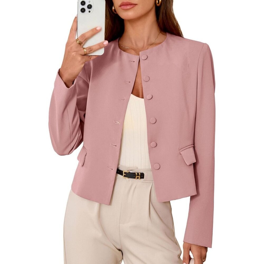 Women's Pink Blazers Business Casual Outfits Fall Fashion Long Sleeve Jacket